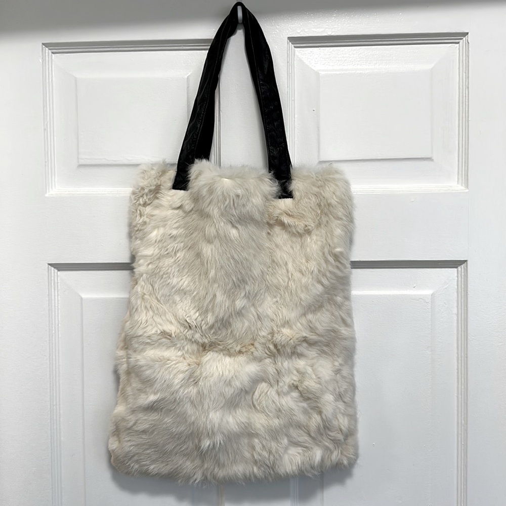Reformation white rabbit fur and lab skin tote
